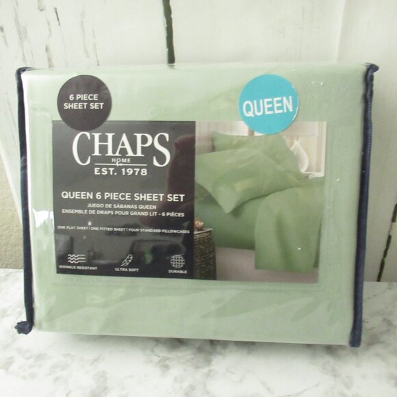 Chaps Sheets Queen Size Green Wrinkle Resistant Ultra Soft 6 Piece Set - Picture 1 of 4